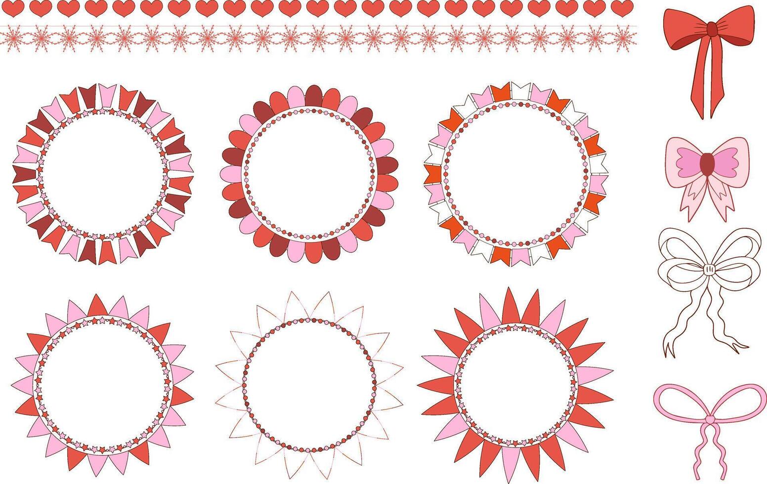 Cute coquette aesthetic pink and red frame set ribbon bow in vintage style. illustration. vector