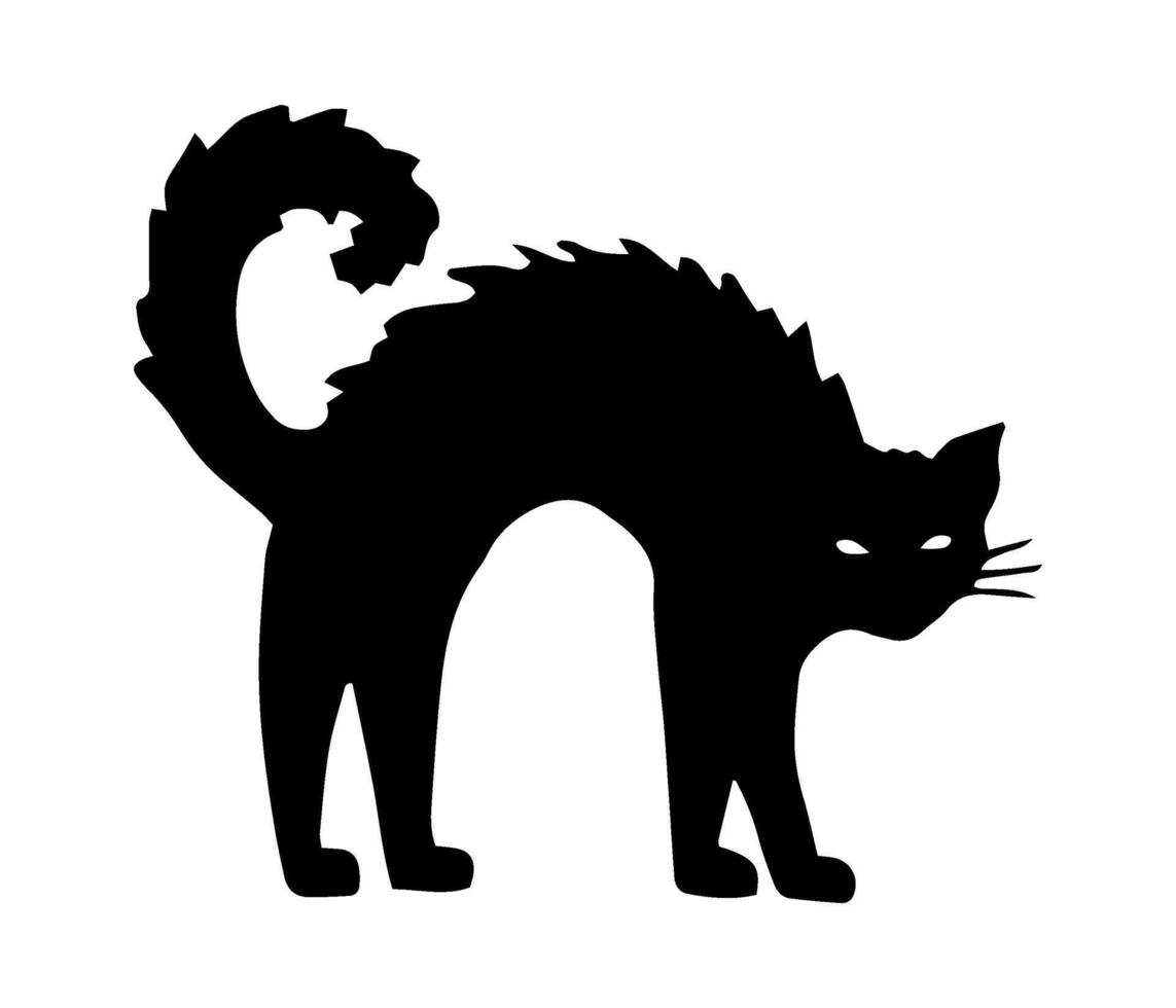 Evil cat. Animal silhouette. Graphic illustration with liner. Black outline clipart for Halloween. Hand drawn isolated drawing. Pet element for creepy decor. Cute night predator. Simple Doodle style vector