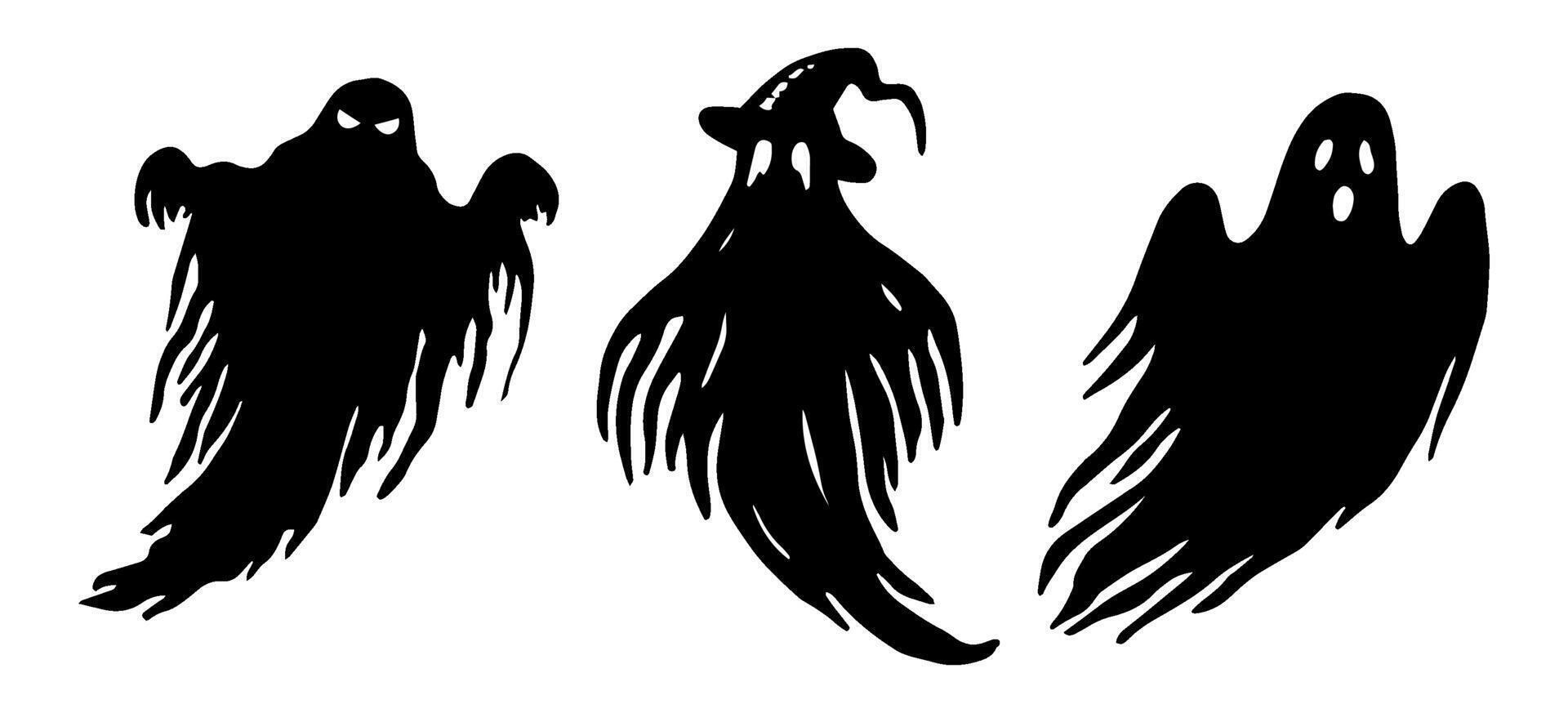 Set of scary ghosts. Halloween graphic illustration. Hand drawn black and white line silhouette. Monochrome creepy clipart for horror holiday. Simple doodle style clipart. Night magic creature vector