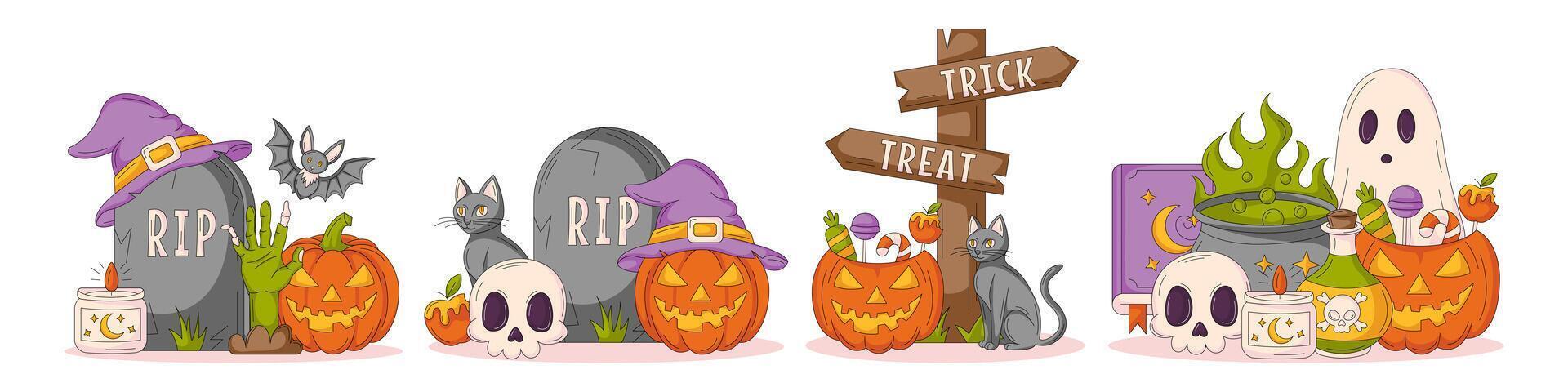 Set of halloween illustrations, composition from pumpkin with sweets, black cat, tombstone, witch hat, zombie hand, bat, skull, cauldron, spell book, ghost. For sticker, print, scrapbooking vector