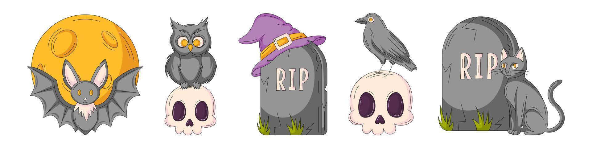 Set of halloween illustrations, composition from owl, raven on the skull, bat against the background of the moon, tombstone with witch hat, black cat. For sticker, print, scrapbooking vector