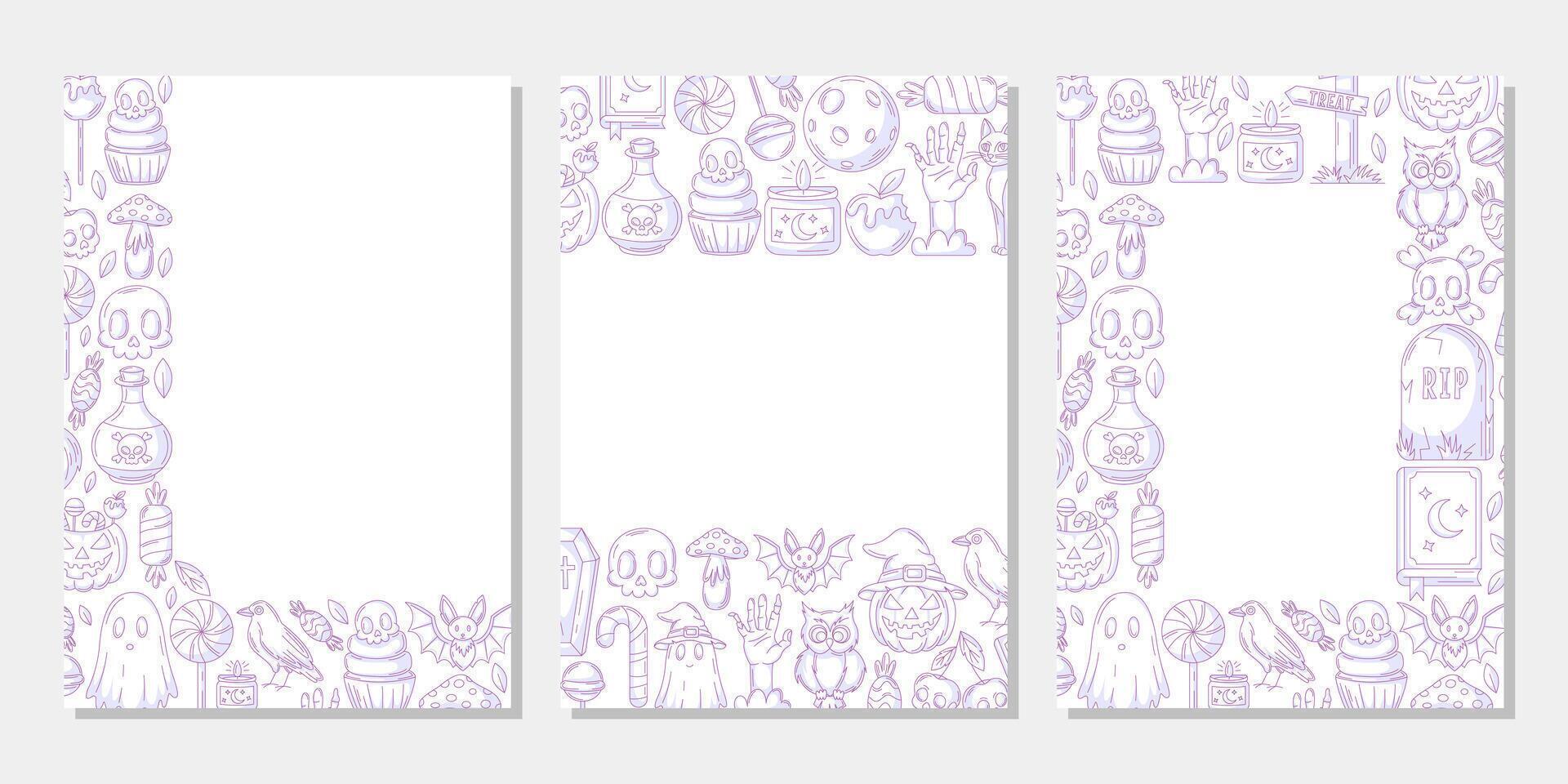 Set of halloween vertical a4 poster, space for text. Purple upper, bottom, corner border frame with spooky and scary elements. For card, banner, invitation, social media, party or planner. vector