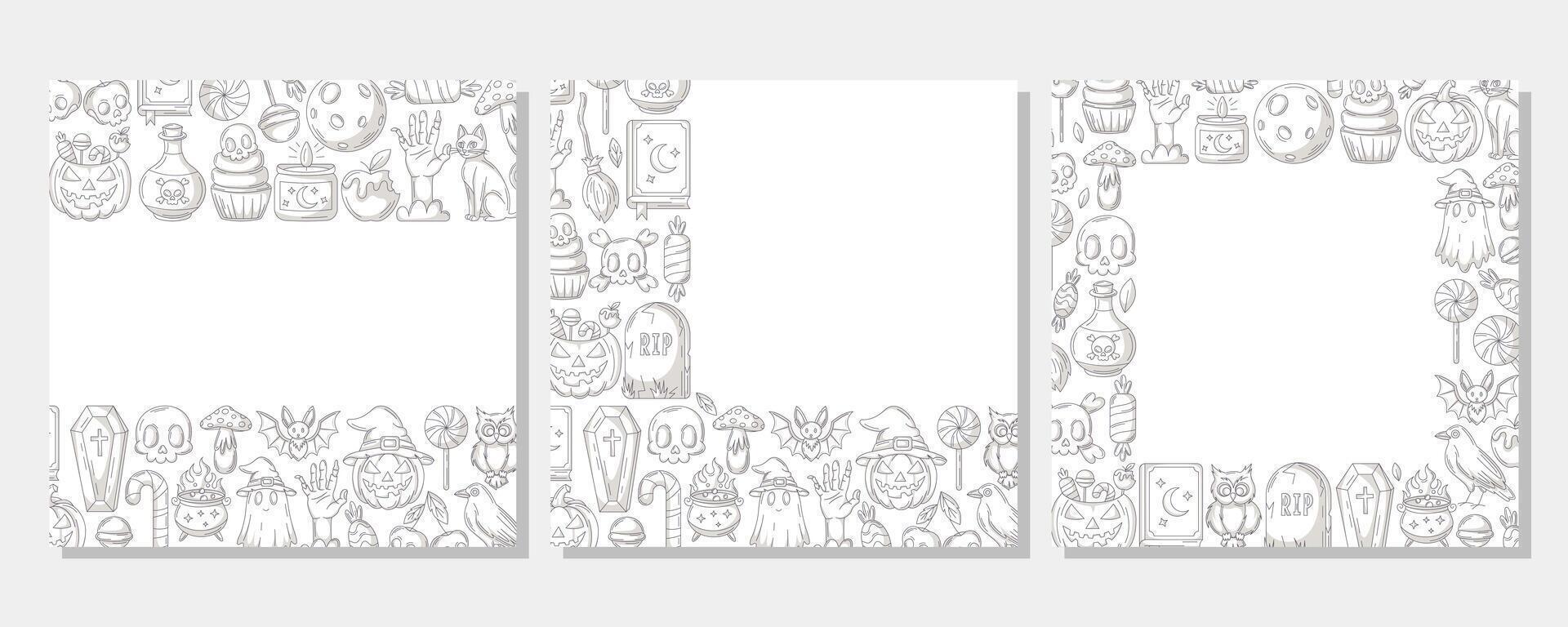 Set of halloween square posters, space for text. Monochrome upper, bottom, corner border frame with spooky and scary elements. For postcard, banner, invitation, social media, party or planner. vector