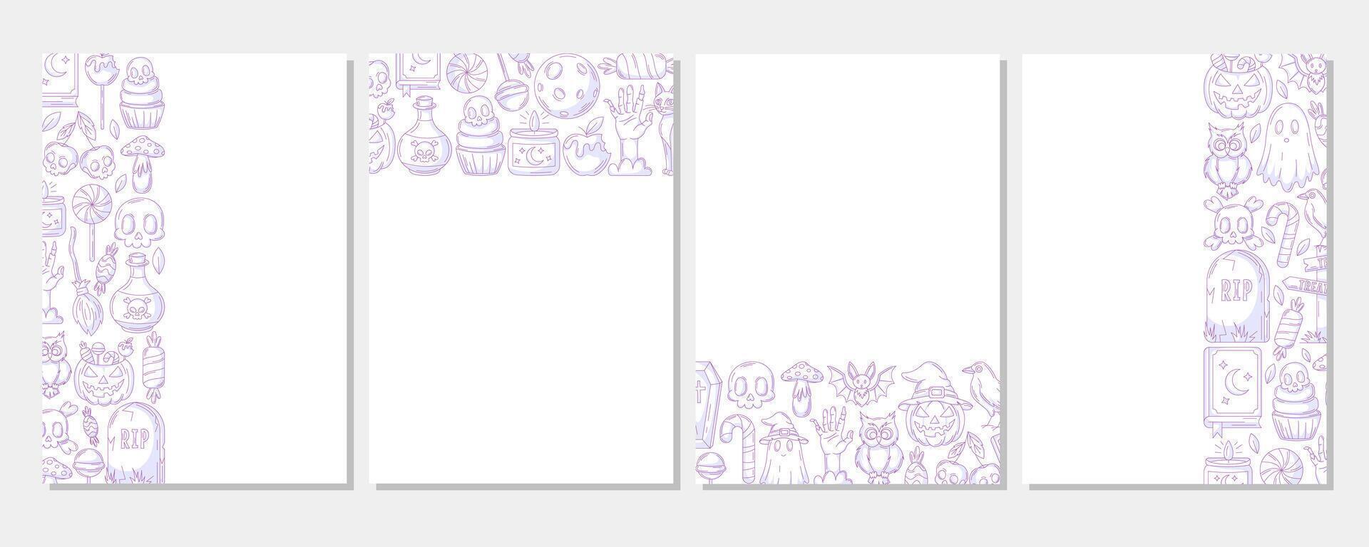 Set of halloween vertical a4 poster, space for text. Purple upper, bottom, sides border frame with spooky and scary elements. For card, banner, invitation, social media, party or planner. vector