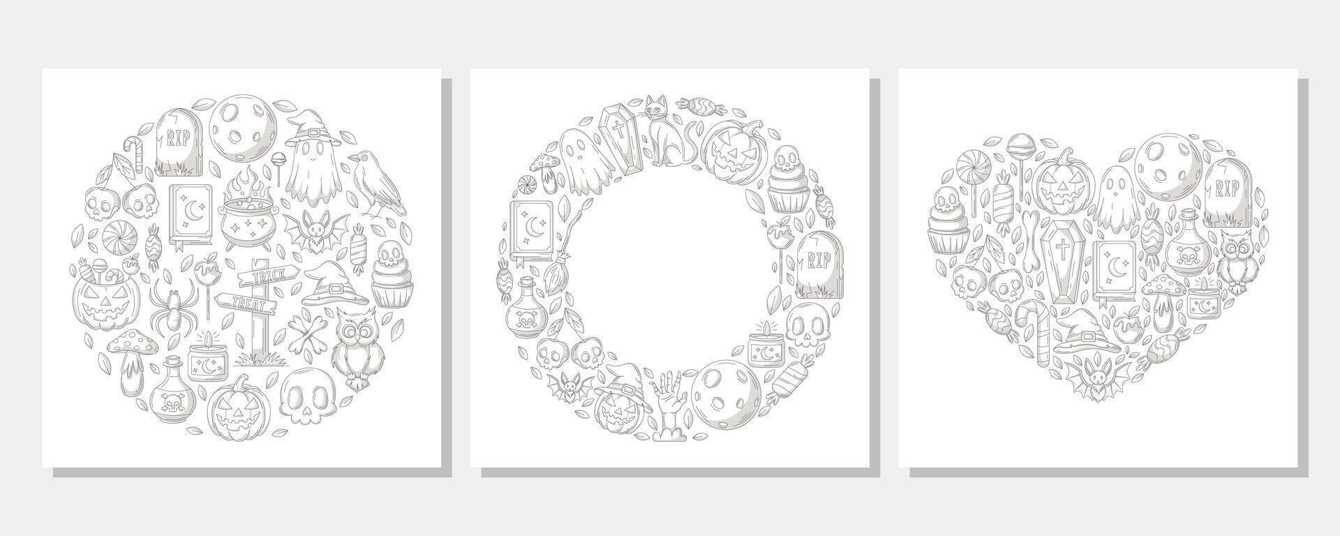 Halloween square posters set from round, heart shape, circle frame with space for text. Monochrome spooky and scary elements. Flat illustration for greeting card, invitation, postcard, print vector