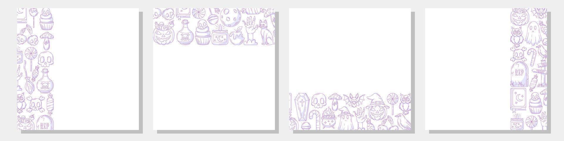 Set of halloween square posters, space for text. Purple upper, bottom, sides border frame with spooky and scary elements. For postcard, banner, invitation, social media, party or planner. vector