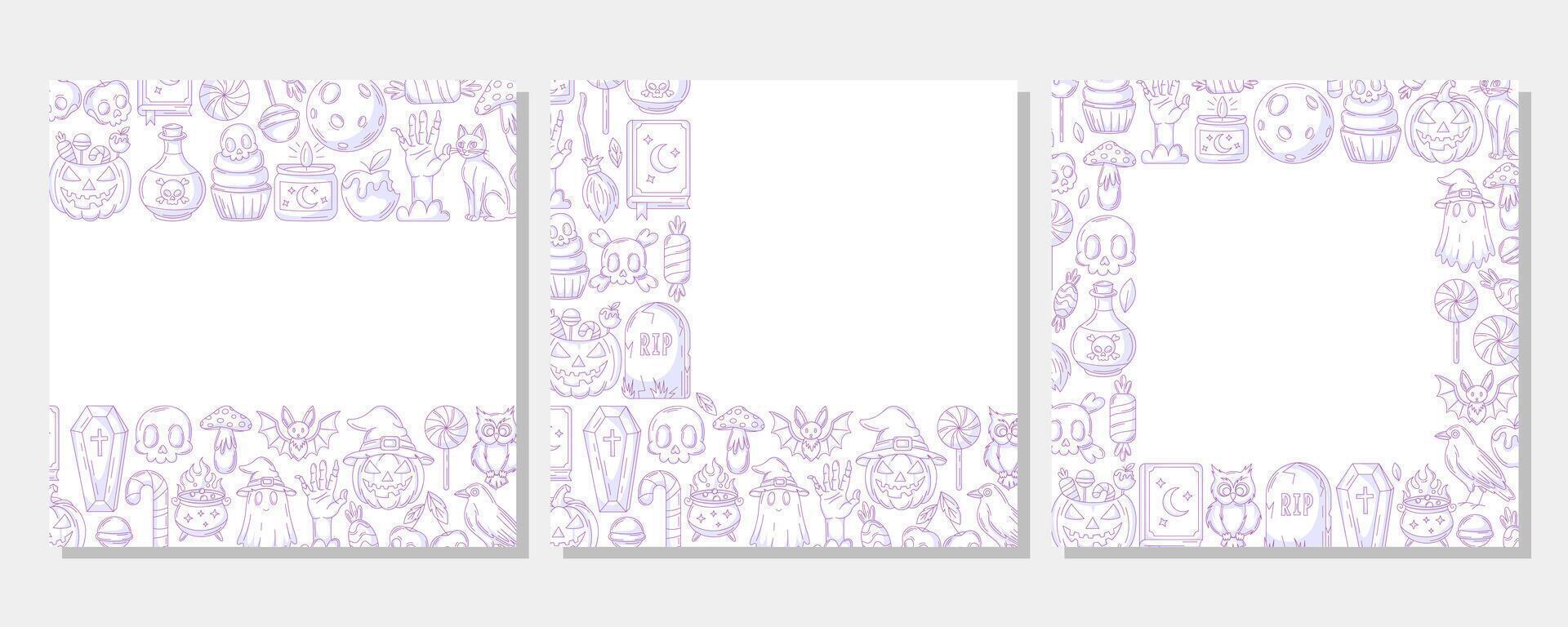 Set of halloween square posters, space for text. Purple upper, bottom, corner border frame with spooky and scary elements. For postcard, banner, invitation, social media, party or planner. vector