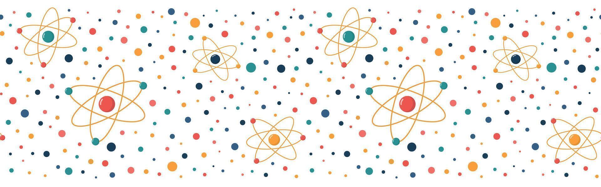 Seamless border pattern with abstract atoms and orbital electrons. Scientific research, physics concept. Seamless background. Isolated on white background vector