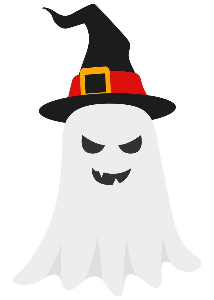 Flat illustration of white ghost wear witch hat isolated on white background. vector
