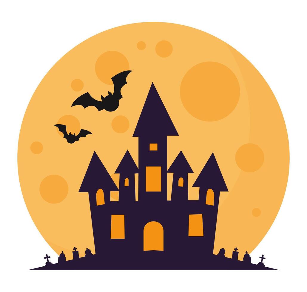 Flat icon of castle with bats and full moon in halloween night isolated on white background. vector