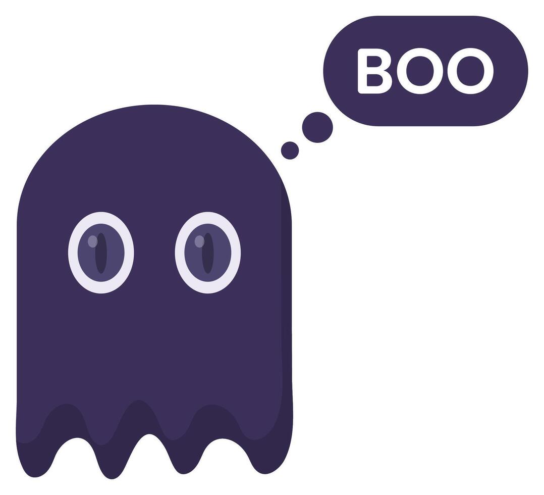 Flat illustration of cute scary ghost with boo speech bubble isolated on white background. vector