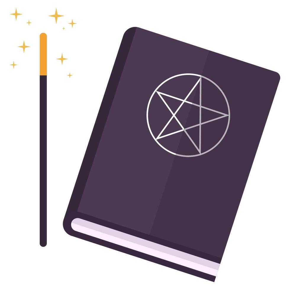 Magic book with magic wand and stars flying out flat icon isolated on white background. vector