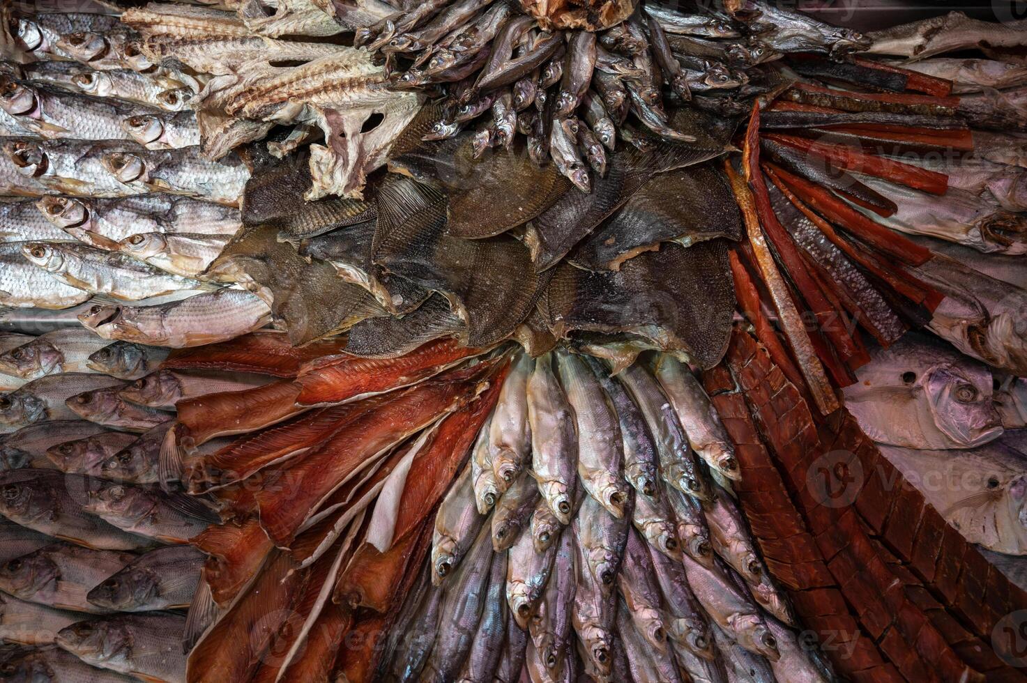 Various smoked fish products photo