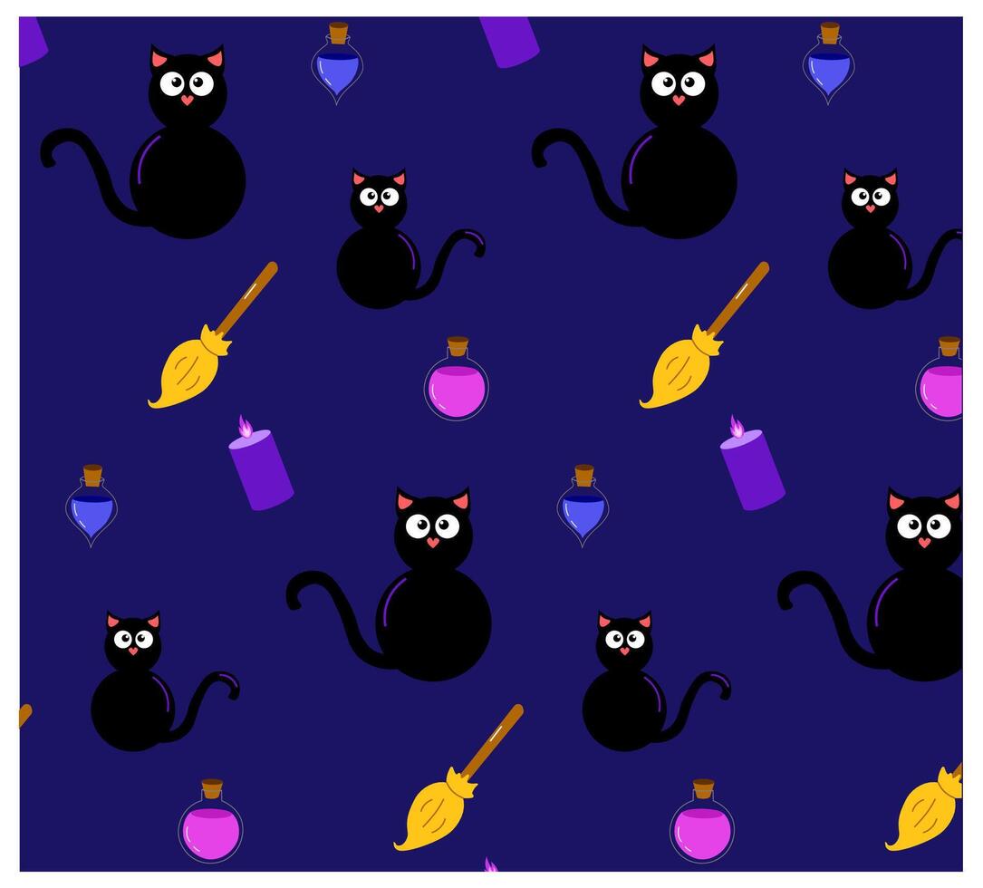 Seamless Halloween pattern. illustration of Halloween party. Black cat, broom, potion, candle on a dark background. cartoon seamless pattern. vector