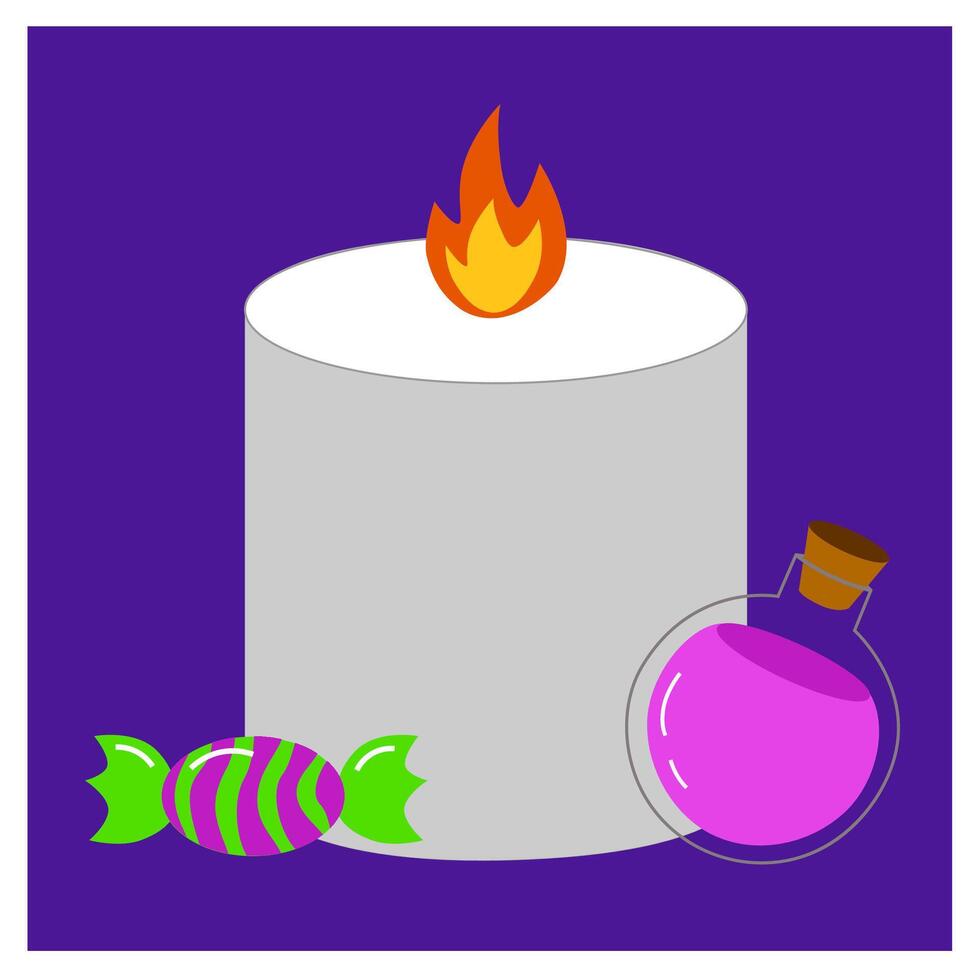 Halloween spooky clipart with hand drawn related elements. Candle with sweet and potion. Cute design for Halloween isolated on purple background vector