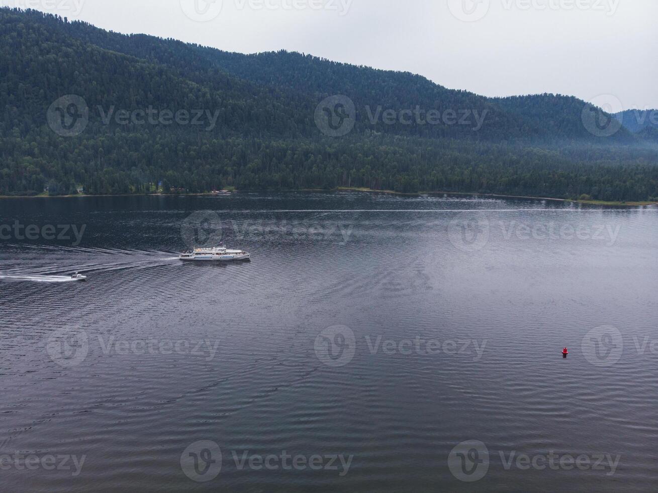 Aerial view on Teletskoye lake in Altai mountains photo