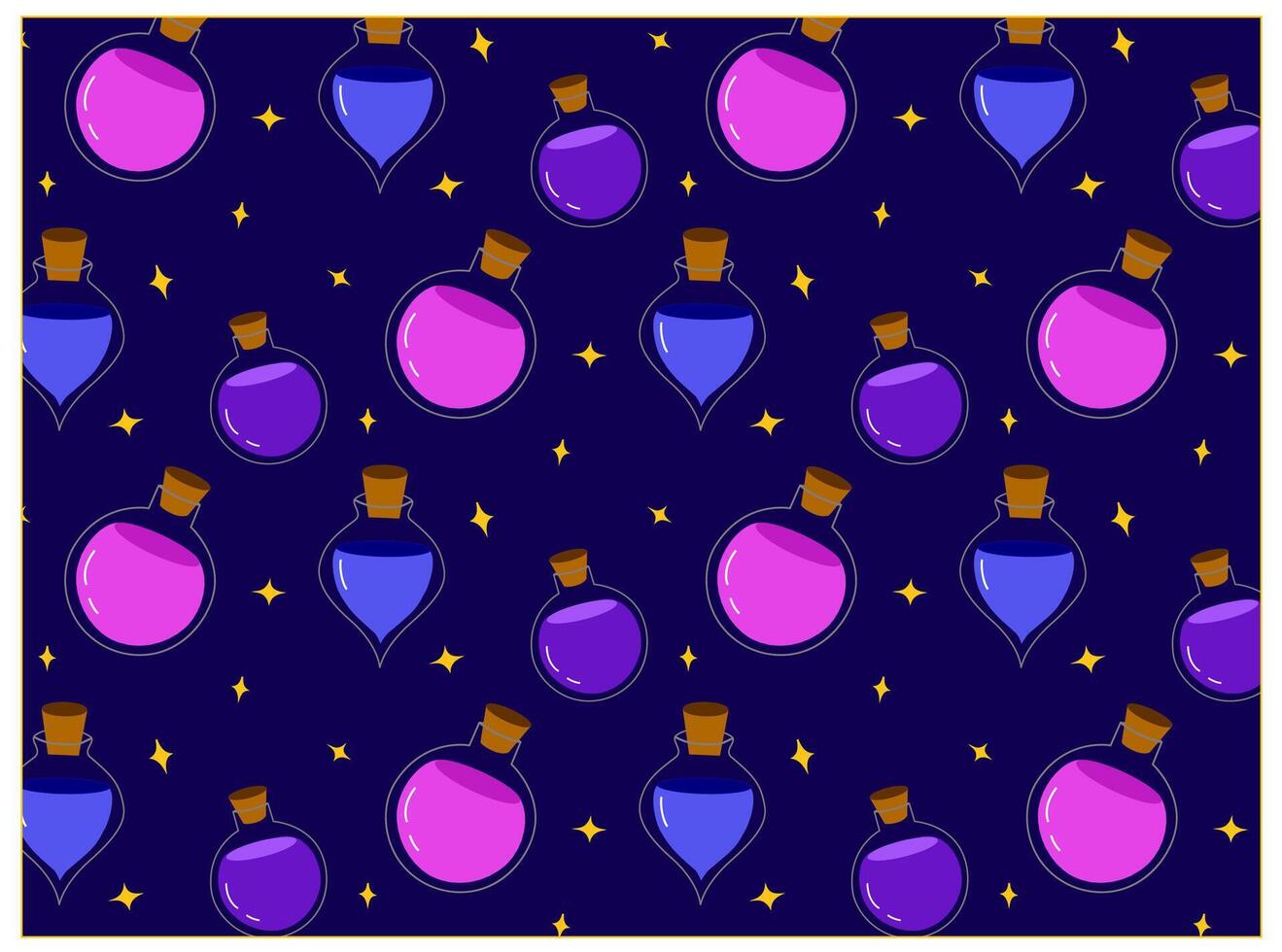 Seamless pattern with cute glass potion bottles with bows and ribbons. Coquette style magic love elixirs on purple background. Witchcraft and alchemy wallpaper, wrapping paper, textile vector
