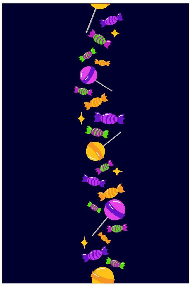 halloween seamless border with sweets candies and lolipops. Vertical pattern. Colorful caramel candies juicy cartoon border template on transparent background vector