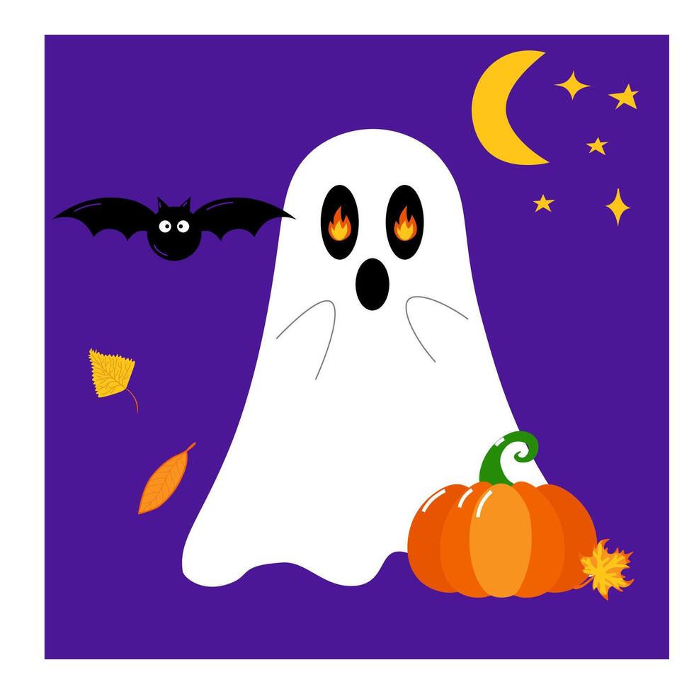 Halloween ghost with a pumpkin and fire in eyes. design composition on isolated background. Cartoon style. vector