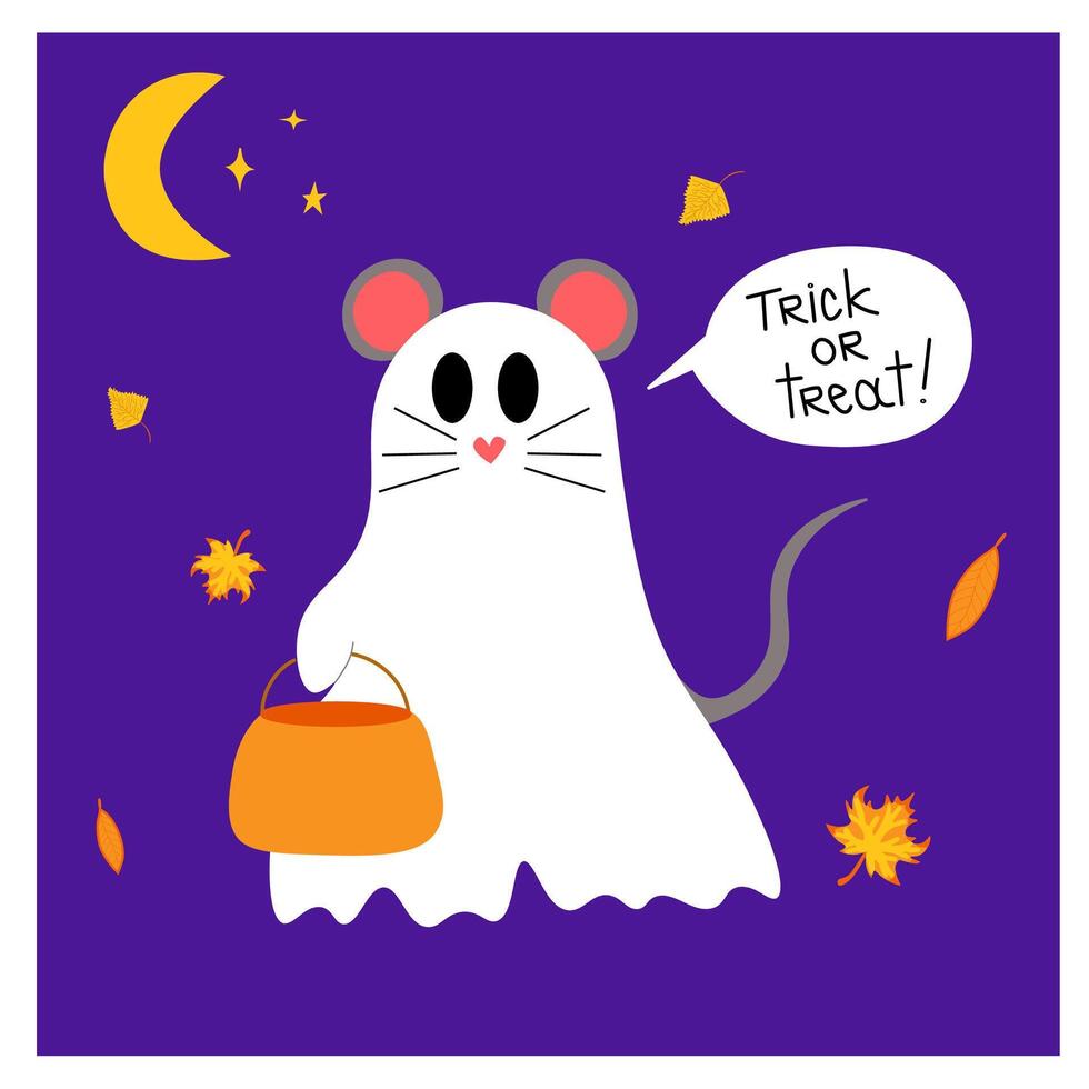 Cute ghost floating with Halloween pumpkin basket for Trick or Treat. Funny spooky boo character. Spook phantom with happy smiling face expression. Isolated kids flat illustration. vector