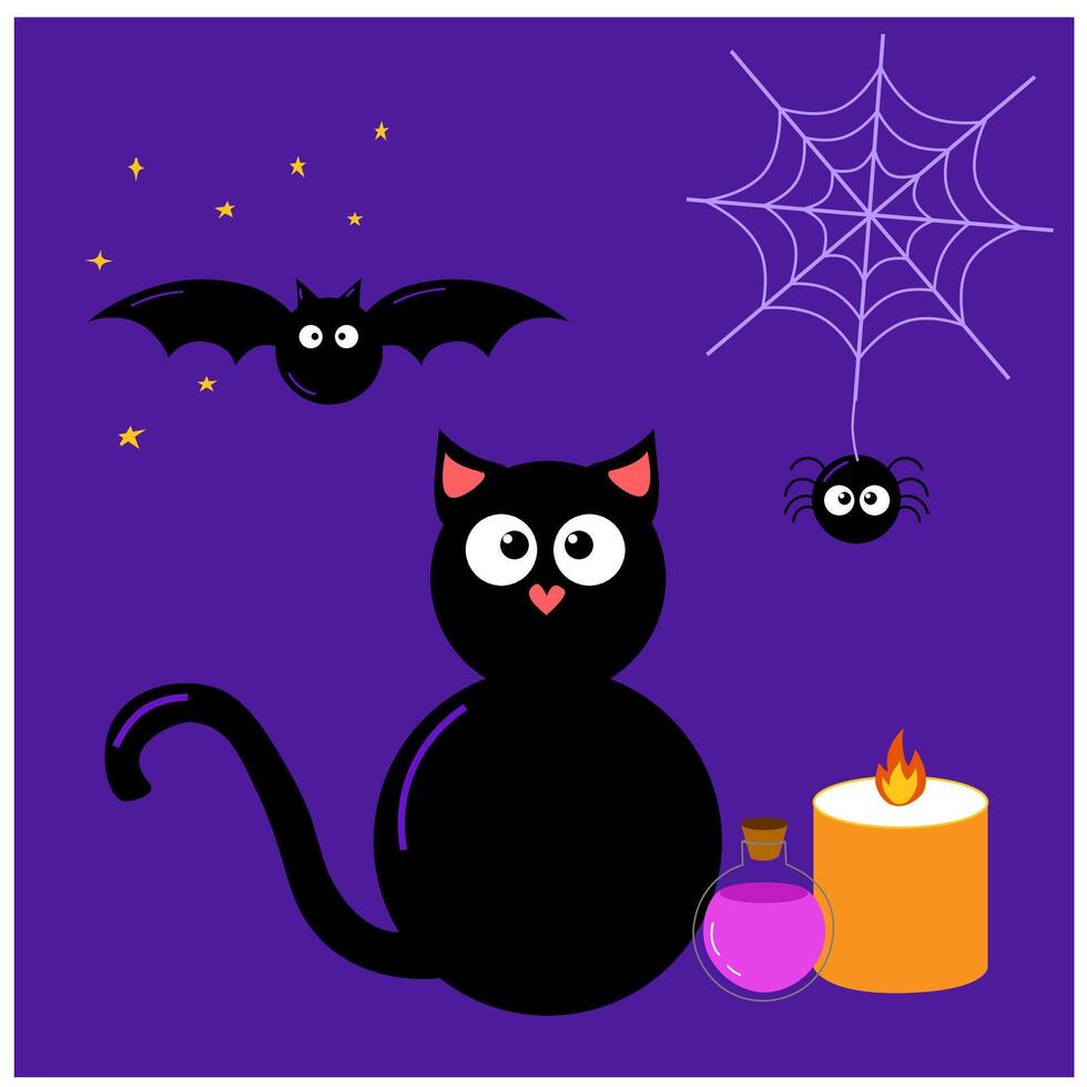 Black cat spider and bat, candle and potion Halloween dark composition. Hand drawn scary illustration in cartoon style. Isolated drawing perfect for autumn graphic and spooky season card designs. vector