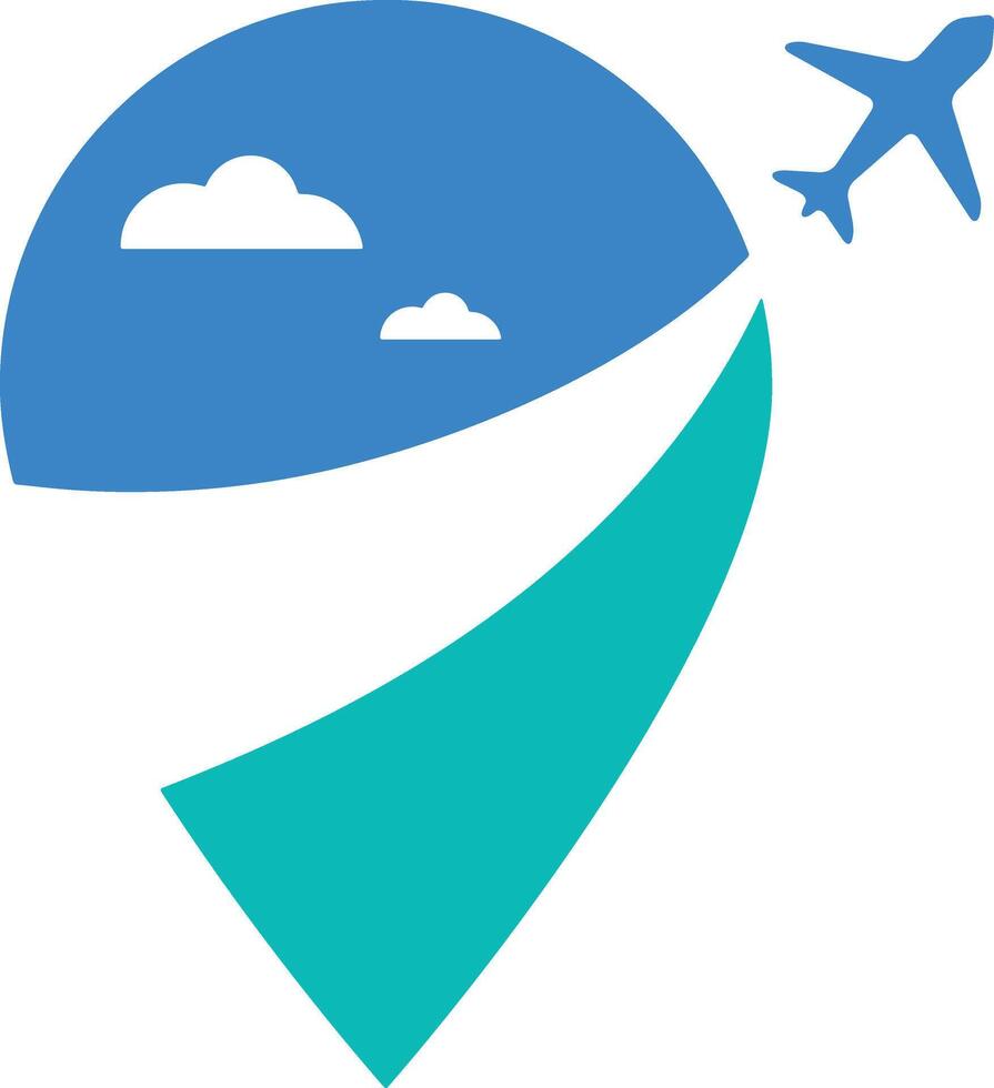A blue and white pin with an airplane flying over it vector