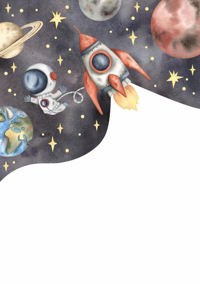 Space watercolor hand-drawn frame with little astronaut, rocket, planets and stars. Cute cartoon composition for kids vector