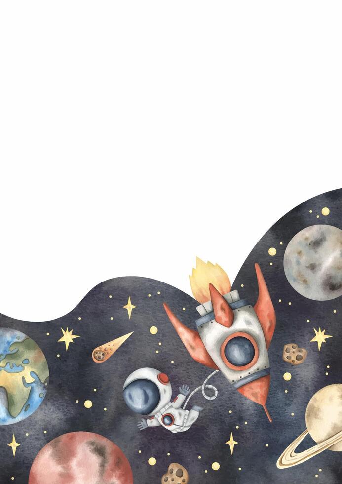 Space watercolor hand-drawn frame with little astronaut, rocket, planets and stars. Cute cartoon composition for kids vector