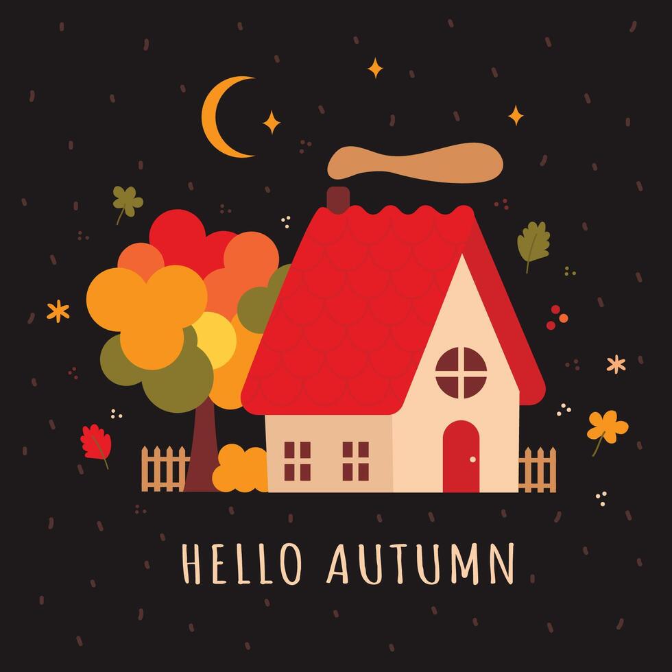 Autumn poster with a house a tree the moon and stars vector