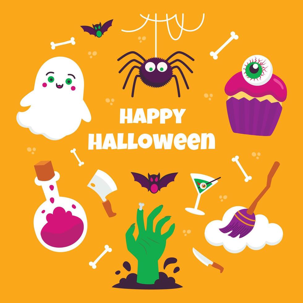 Halloween set with a ghost a cupcake a potion a zombie hand and spider on a yellow background vector