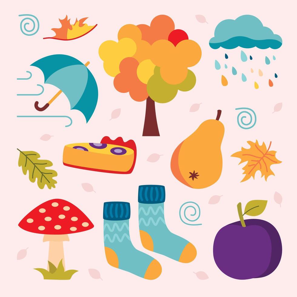 autumn set with a tree rain wind leaves fruits warm socks and an umbrella vector