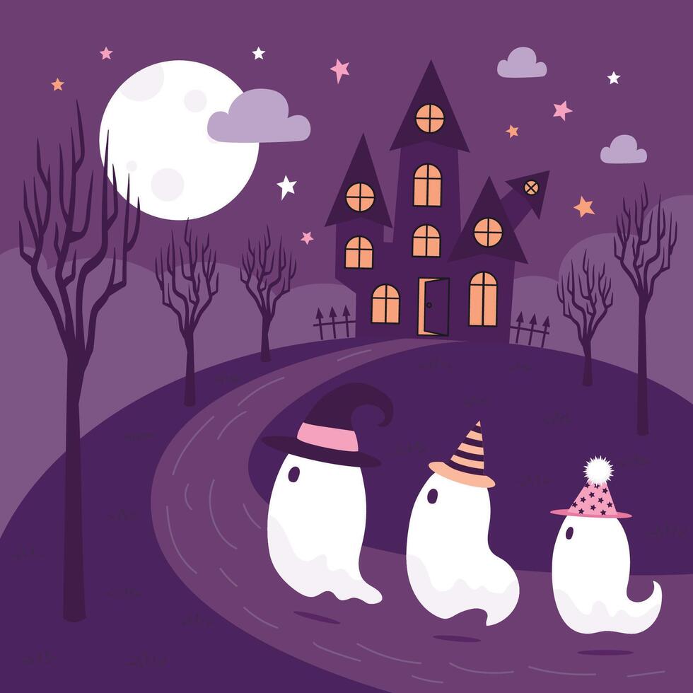 Halloween poster with a scary castle ghosts and the moon on a black background vector