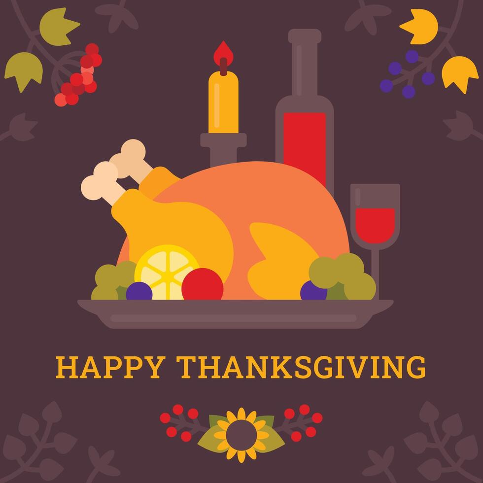 Thanksgiving poster with a turkey flowers candles and wine on a dark background vector