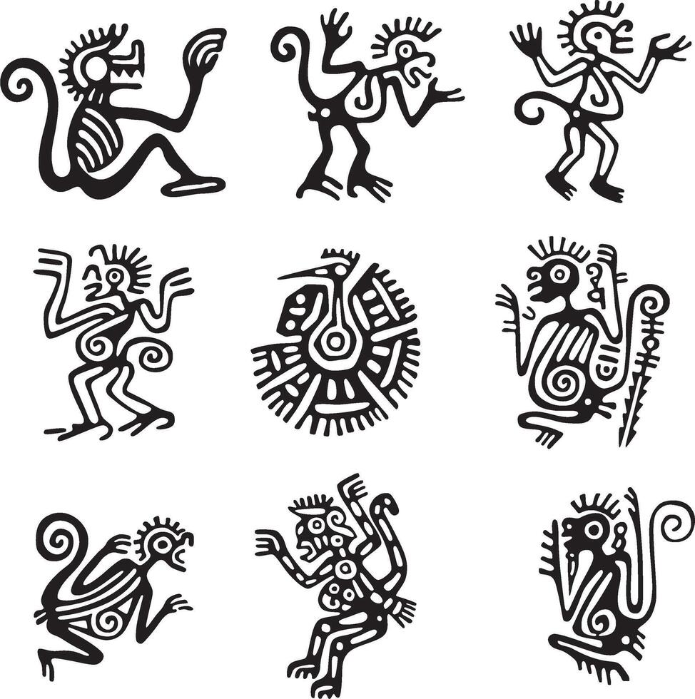 set of monochrome Indian symbols. National ornament of native americans, aztecs, maya, incas. vector
