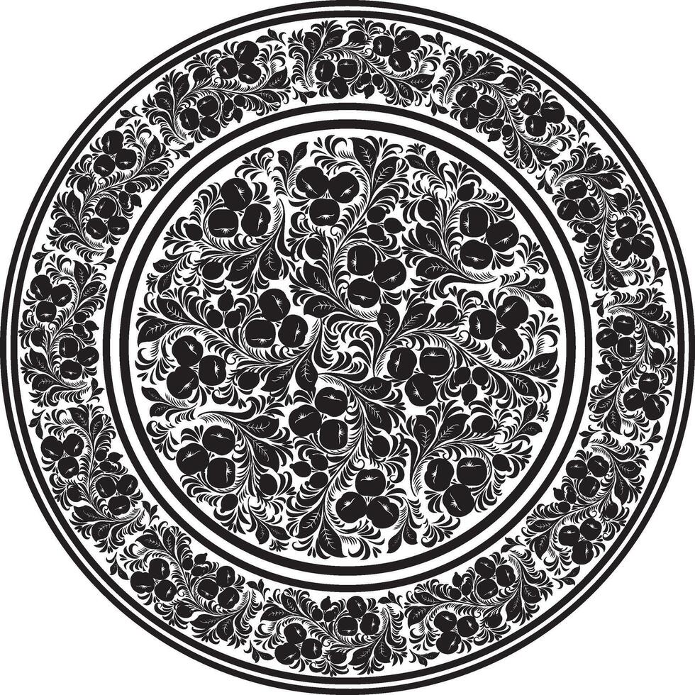 monochrome round Russian folk ornament Khokhloma. National endless circle, tray, plate of Slavic peoples, Belarusians, Ukrainians. vector