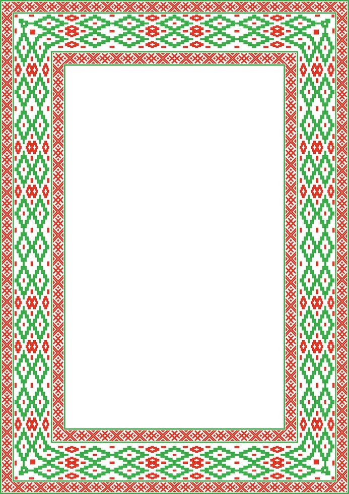 red green square belarusian national ornament frame. Ethnic pattern rectangle of Slavic peoples, Russian, Ukrainian, Serb, Pole, Bulgarian. Cross stitch template vector