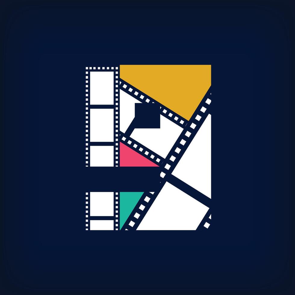 Movie photo collage logo design in modern number 9 sign form. Simple geometric corporate identity design. vector