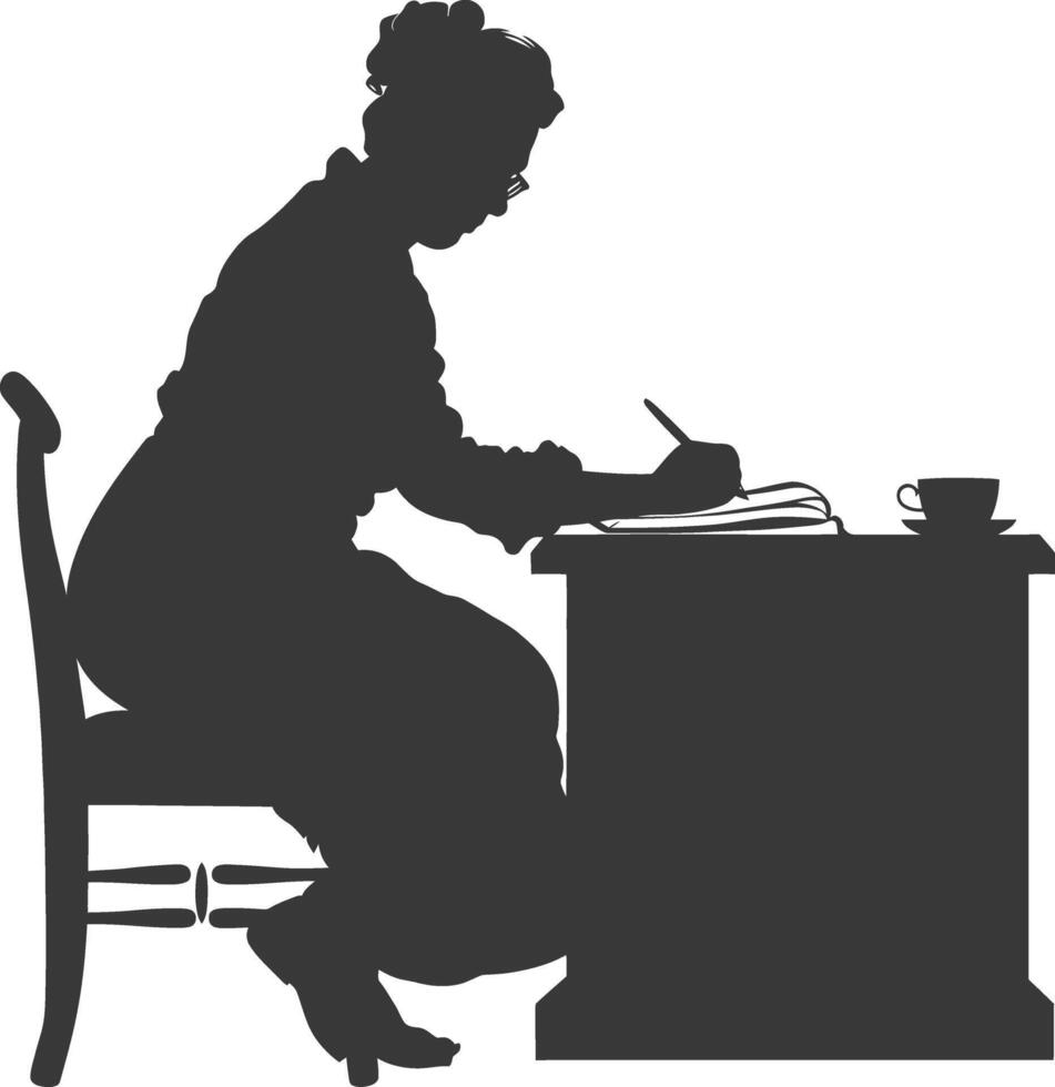 Silhouette of a woman writing at a desk with a cup of coffee vector