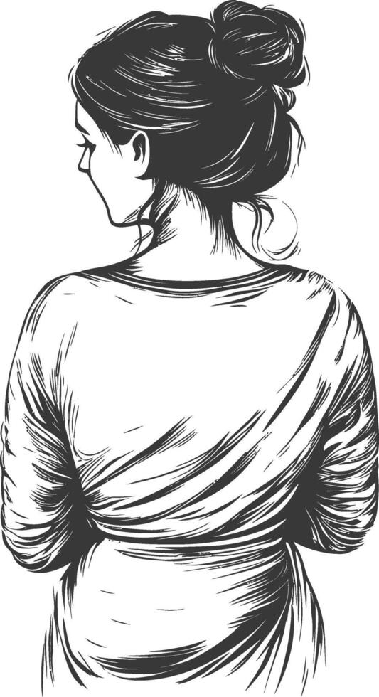 Back view of a woman with long hair in a bun drawn in black and white vector