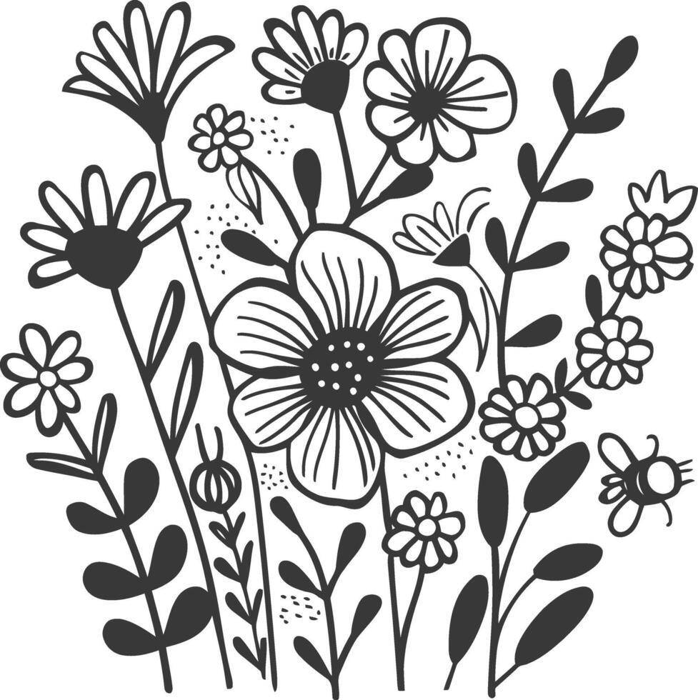 Black and White Doodle of a Field of Flowers vector