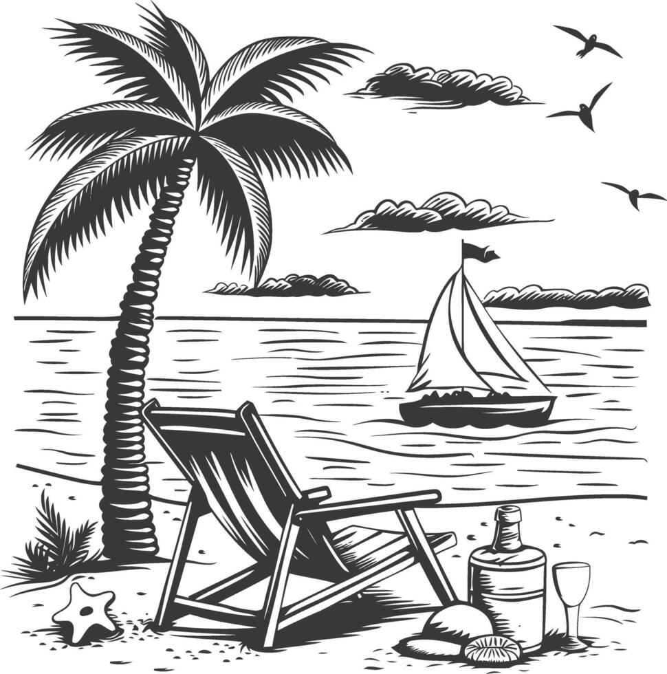 Beach Relaxation with Palm Tree Lounger and Sailboat vector