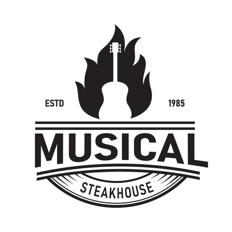 Fire Flame with Guitar Musical Instrument for Restaurant Label Logo Design Vintage Retro Steak house Bar Night Club Pub vector