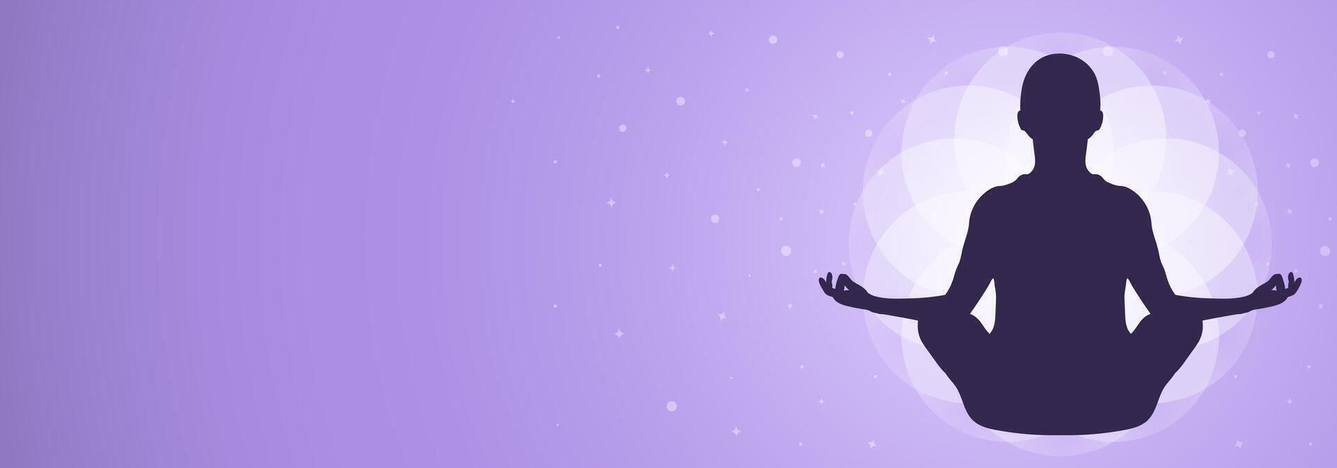 woman in meditation pose with white flower in purple background and stars for international yoga day, gyms, events, meditation, relaxing vector