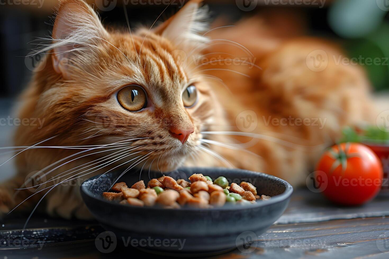 Orange Tabby Cat with Whiskers Observing Dry Cat Food and Tomato in Kitchen Setting photo