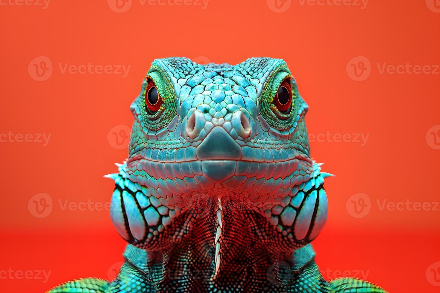 Vibrant Green Iguana on Orange Background Perfect for Wildlife, Nature, and Colorful Theme Posters photo