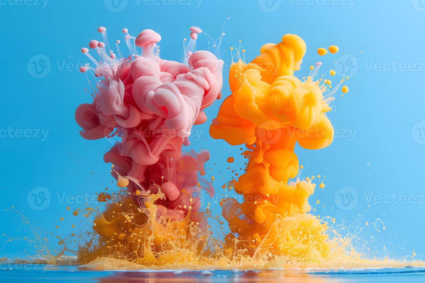 Colorful Explosion of Pink and Orange Ink in Water Against Blue Background - Abstract Art for Design photo