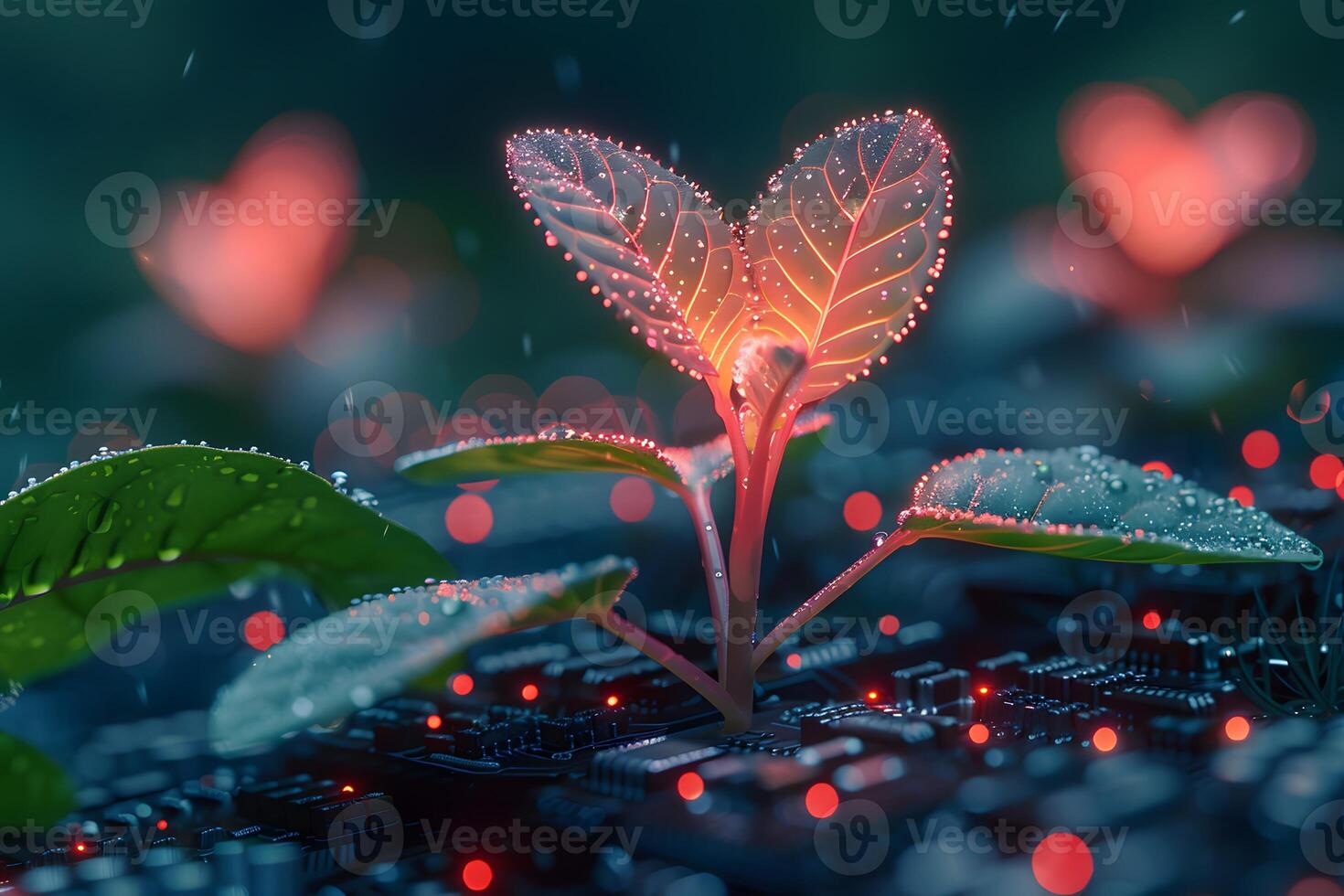 Technology and Nature, Futuristic Botanical Integration, Digital Circuit Board Design for Eco-Friendly Innovations photo