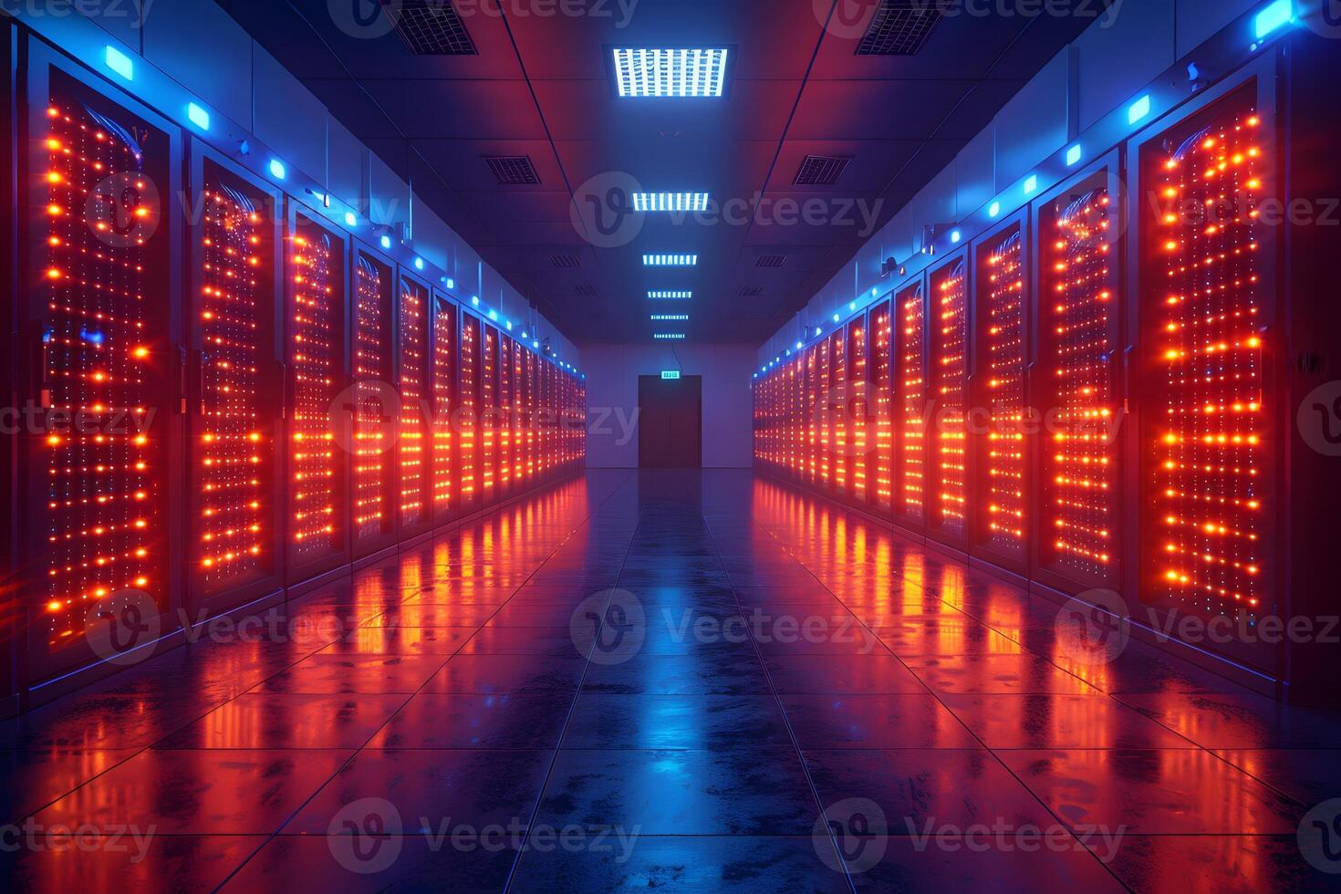 Futuristic Data Center Hallway with Illuminated Server Racks in Blue and Red Light photo