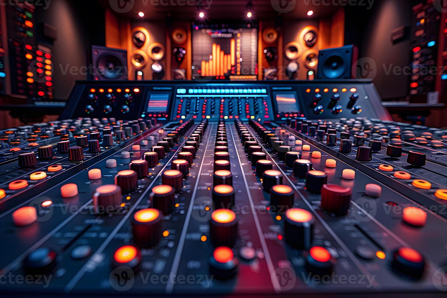 Modern Music Studio with Professional Audio Mixing Console and Sound Equipment Setup photo
