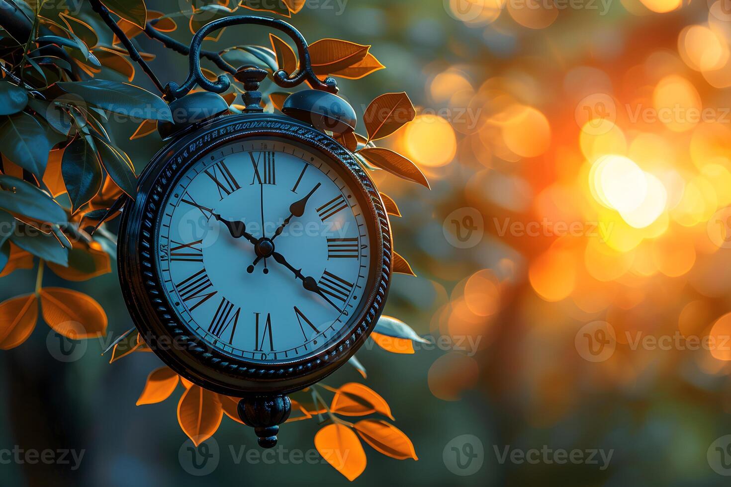 Antique Pocket Watch Hanging in Nature During Golden Hour - Time and Nature Concept photo